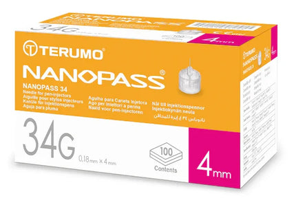 AGO PER PENNA DA INSULINA NANOPASS 34 GAUGE LUNGHEZZA 4 MM 100 PEZZI - Farmaspeed