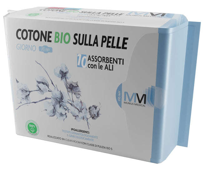 MUNUS MEDICAL ASSORBENTE GIORNO CON ALI COTONE BIO SULLA PELLE 245 MM 10 PEZZI