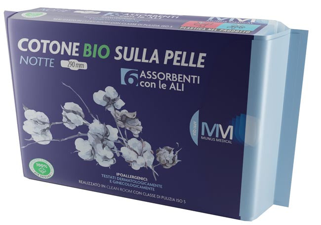 MUNUS MEDICAL ASSORBENTE NOTTE CON ALI COTONE BIO SULLA PELLE 290 MM 6 PEZZI