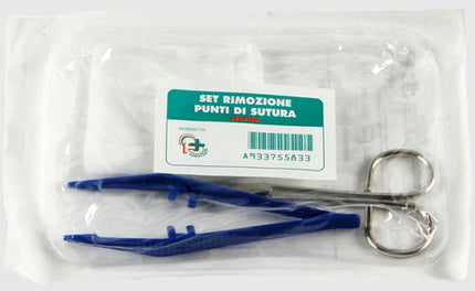 SET PER LA RIMOZIONE DEI PUNTI DI SUTURA COMPOSTO DA 1 FORBICE 1 PINZETTA 2 COMPRESSE DI GARZA DI COTONE - Farmaspeed