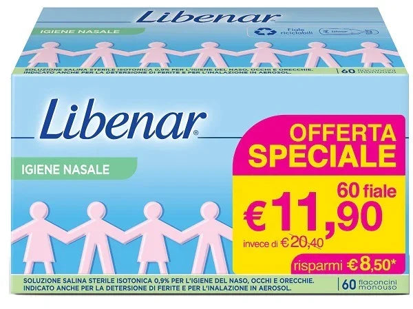 SOLUZIONE SALINA ISOTONICA 0,9% LIBENAR PER IGIENE NASALE 60 FLACONCINI MONOUSO X 5 ML - Farmaspeed
