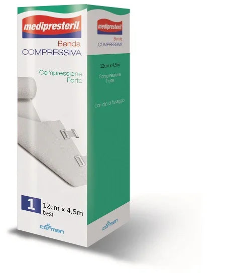 BENDA MEDIPRESTERIL COMPRESSIONE FORTE M4,5X12CM TESI CON CLIP DI FISSAGGIO - Farmaspeed
