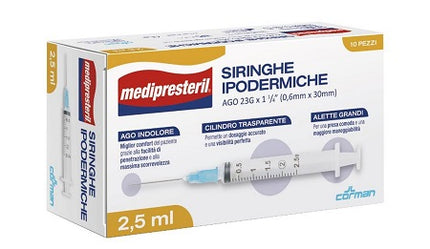 MEDIPRESTERIL HYPODERMIC SYRINGE NEEDLE 23 GAUGE 1 1/4 0.6X30MM 2.5 ML 10 PIECES