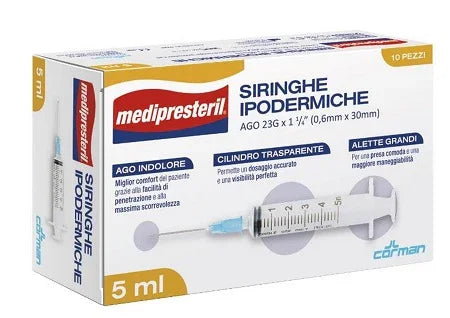 SIRINGA IPODERMICA MEDIPRESTERIL AGO 23 GAUGE 1 1/4 0,5X30MM 5 ML 10 PEZZI - Farmaspeed