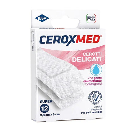 CEROTTI DELICATI CEROXMED CON GARZA DISINFETTANTE IPOALLERGENICI PER PELLI SENSIBILI SUPER 3,8X8CM 12 PEZZI - Farmaspeed
