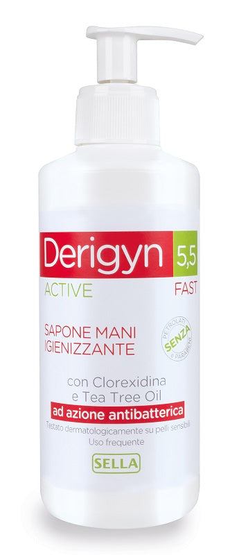 DERIGYN 5.5 ACTIVE FAST SANITIZING HAND AND BODY SOAP WITH CHLORHEXIDINE AND TEA TREE OIL WITH ANTIBACTERIAL ACTION 300 ML