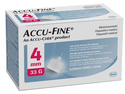 ACCU-FINE STAINLESS STEEL HYPODERMIC NEEDLE FOR INSULIN PEN 33 GAUGE 4 MM 100 PIECES