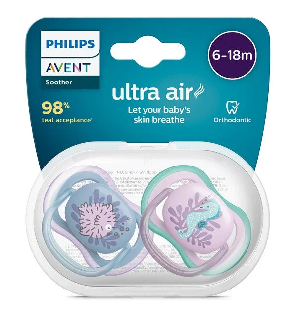 AVENT ULTRA AIR CIUCCIO ORTODONTICO 6-18 MESI PESCE PALLA/CAVALLUCCIO MARINO 2 PEZZI - Farmaspeed