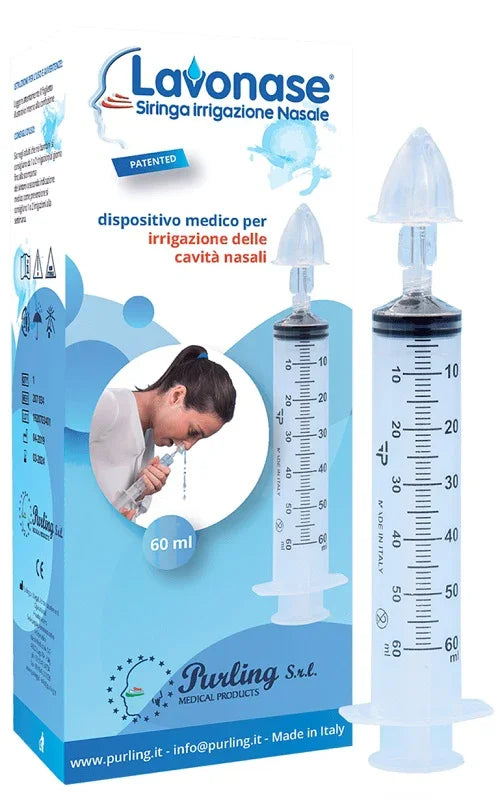 LAVONASE IRRIGAZIONE NASALE NON STERILE SIRINGA 60 ML + LUER-LOCK CON CAPPUCCIO + UGELLO NASALE CON RACCORDO LUER-LOCK + PERFORATORE CON VALVOLA NON RITORNO CON TAPPO - Farmaspeed