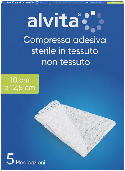 GARZA COMPRESSA ADESIVA ALVITA TNT 10X12,5CM 5 PEZZI - Farmaspeed