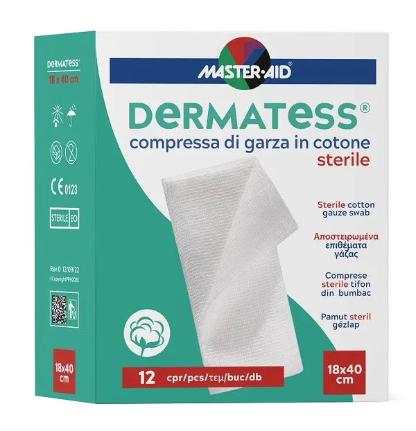GARZA COMPRESSA MASTER-AID DERMATESS COTONE 18X40CM 12 PEZZI - Farmaspeed