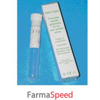 provetta sterile urin care 12ml in polistirolo trasparente, graduata, con tappo bianco interno a pressione, singolarmente astucciata e corredata di etichetta autoadesiva